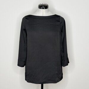 LOFT Black Boat Neck 3/4 Sleeve Satin-Look Blouse Top